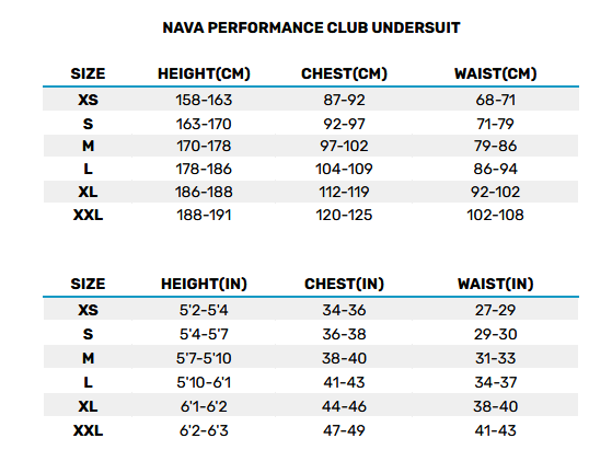 2025 NAVA MENS UNDERSUIT 0 Size Chart